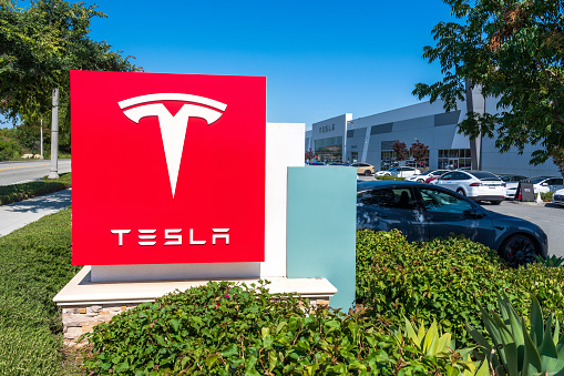 Upland, CA USA - June 19 2023: The TESLA Delivery Center in Upland supports Tesla-designed and manufactured electric vehicles throughout Southern California. Tesla is a multinational automotive and energy company headquartered in Austin, Texas.