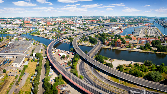 Aerial view of the city highway and Szczecin downtown, Poland