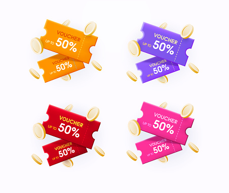 3d vouchers or coupons with coins in different colors, minimal style, isolated on white background. Concept for promotion banner, sales, website, discount, low price, gift. 3d vector illustration.