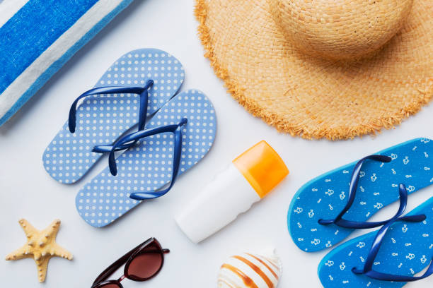 istock Summer vacation concept flat lay. beach accessories and towel top view. Space for text. travel concept 1500897092