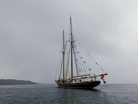Tall Sailing Ship sailing towards storm off Lunenburg Nova Scotia