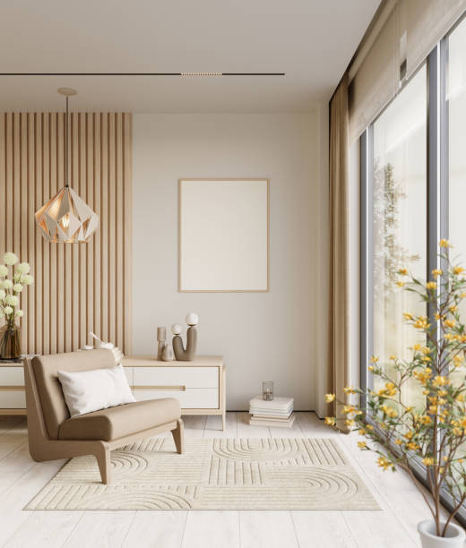 istock Home interior with sideboard and decor on white wall background. Wall mockup, 3d render 1500904178