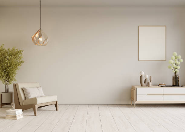 istock Home interior with sideboard and decor on white wall background. Wall mockup, 3d render 1500904192