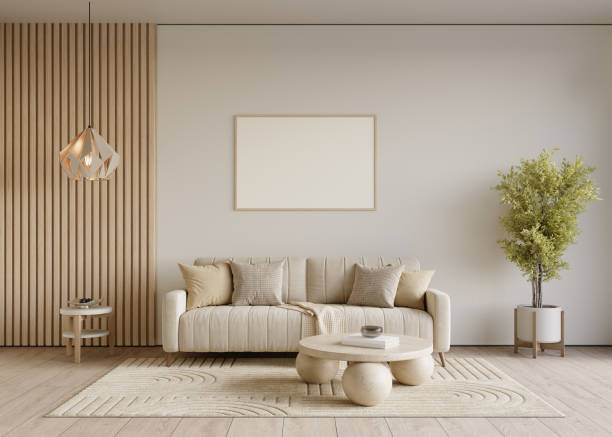 istock Home interior mock-up with cozy sofa on white wall background, 3d render 1500904196