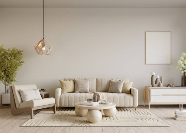 istock Home interior mock-up with cozy sofa on white wall background, 3d render 1500904197