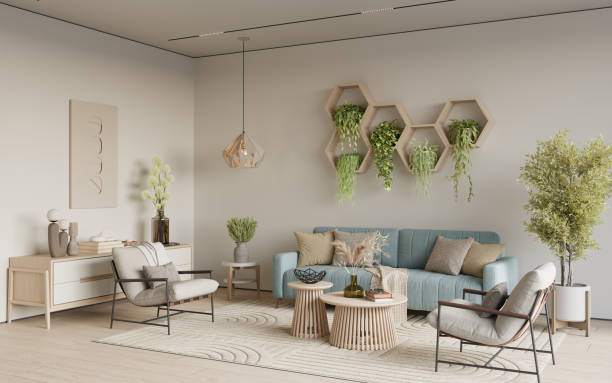 istock Home interior with cozy sofa and hexagon shelves on white wall background, 3d render 1500904725
