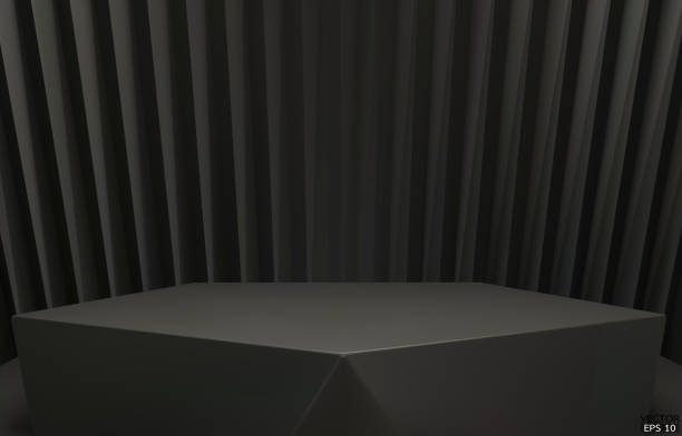 3d векторный геометрический подиум. черный шестиугольный куб, квадратный подиум на черном фоне. концептуальная сцена, сцена, витрина, продук - black background studio shot horizontal close up stock illustrations