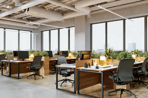 3d rendering of a sustainable green co-working office space.