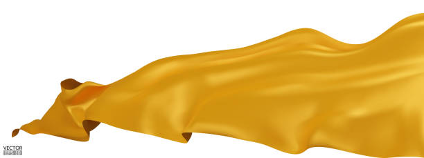 istock Flying yellow silk textile fabric flag background. Smooth elegant yellow Satin Isolated on white Background for grand opening ceremony. Yellow curtain. 3d vector illustration. 1500908875
