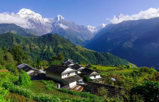 Peaceful mountain landscape with teahouse on Annapurna Circuit Trek.