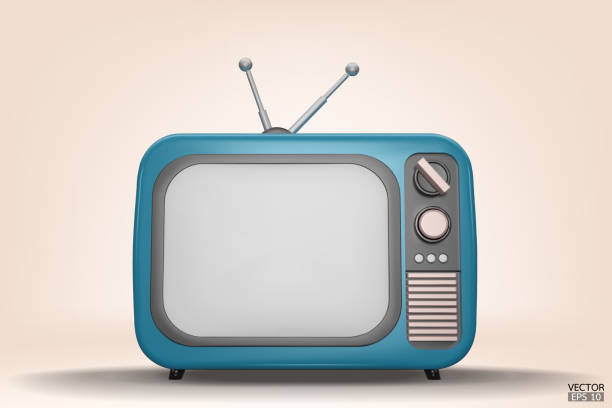 ilustrações, clipart, desenhos animados e ícones de 3d render azul vintage television estilo cartoon isolado no fundo. tv retrô mínima. tv analógica azul.  tv antiga com antena. ilustração vetorial 3d. - changing channels