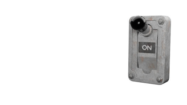 istock Closeup of a rusty vintage lever sign with ON switch on a wall 3d render illustration, with copy space to the left on the white background. 1500910671