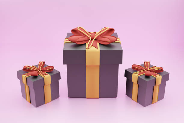 istock 3d rendered Merry New Year and Merry Christmas 2023 black gift 3 different size boxes with red bows and gold sequins confetti on light purple shade background 1500910672