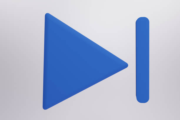 Skip to the end, next, blue music player button. 3d rendered icon. Cartoon minimal style with white background