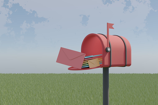 red box with multi color mail envelope in different sizes on realistic sky and grass 3d render illustration