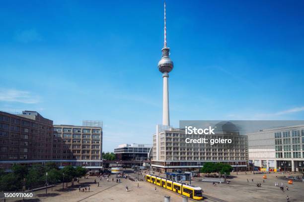 Berlin Alexanderplatz At Blue Sunny Day Stock Photo - Download Image Now - Alexanderplatz, High Angle View, Cable Car