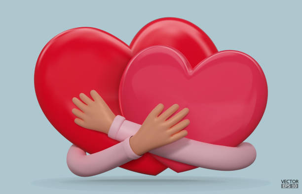 istock Two hearts with Hand embracing. Cartoon hearts embrace minimalism design. Hands hugging two hearts with love, romance, friendship. Valentine's day, Love yourself. 3D vector illustration. 1500912219