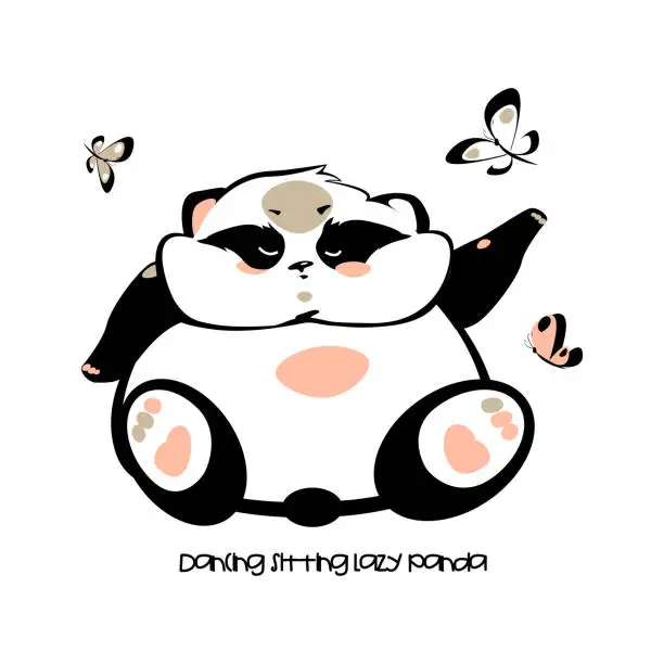 Vector illustration of Dancing sitting lazy panda with butterflies on an isolated white background. Color cartoon vector illustration.