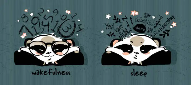 Vector illustration of The concept of day and night, adherence to the regimen in flat cartoon style. Waking and sleeping pandas on an abstract colored background. Creative vector set.