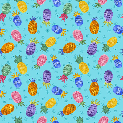 Seamless Pattern Of Cute Colorful Watercolor Pineapples