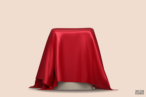 Podium covered with a piece of red silk isolated on beige background. Realistic box covered with red cloth. Podium for product, cosmetic presentation. Creative mock up. 3d vector illustration.