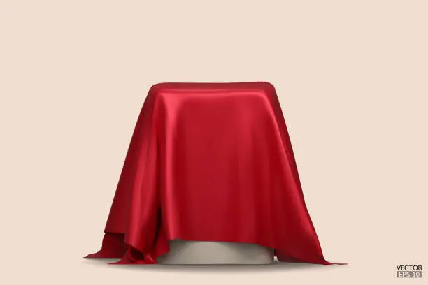 Vector illustration of Podium covered with a piece of red silk isolated on beige background. Realistic box covered with red cloth. Podium for product, cosmetic presentation. Creative mock up. 3d vector illustration.