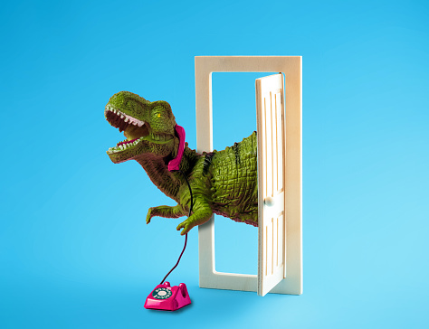 Open door with dinosaur speaking  on phone on blue background. Modern minimal art poster.