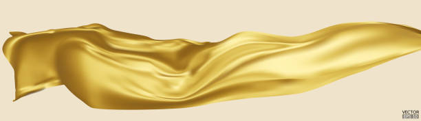 istock Flying gold silk textile fabric flag background. Smooth elegant golden Satin Isolated on beige Background for grand opening ceremony. Gold curtain. 3d vector illustration 1500917175