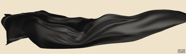 istock Flying light black silk textile fabric flag background. Smooth elegant dark Satin Isolated on beige Background for grand opening ceremony. Black curtain. 3d vector illustration 1500917190
