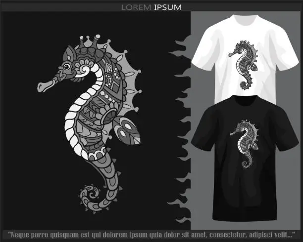 Vector illustration of Monochrome seahorse mandala arts isolated on black and white t shirt.