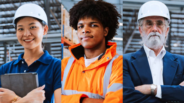istock Multi split screen video collage portrait of multiethnic diverse group of factory warehouse worker, engineer, entrepreneur manager. Logistic industry business, industrial job, people at work concept 1500919277
