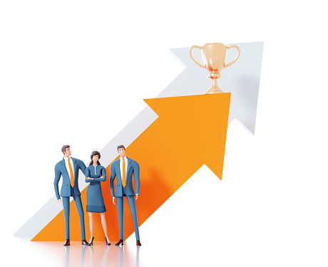 Business people, successful team stay next to big arrows, which pointing up as symbol of growth and positive progress. 3D rendering illustration