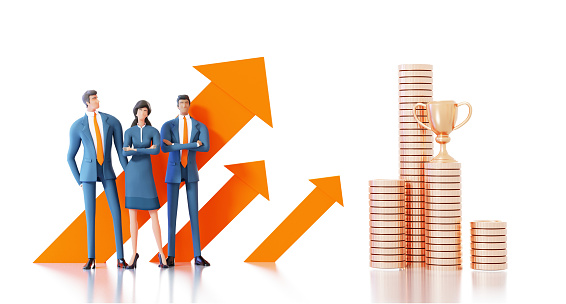 Business people stay next to coin stacks and big arrows pointing up. 3D rendering illustration
