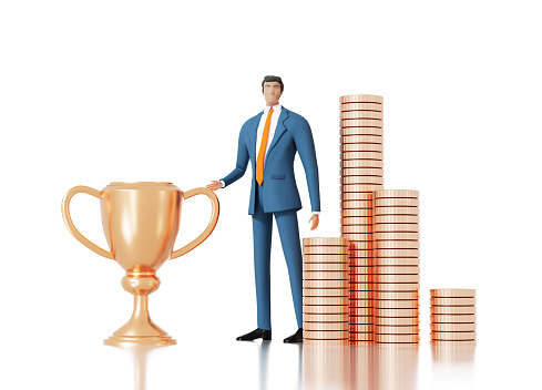 Successful business team stay next to golden stacks and trophy. Achievement, professionalism, advisory concept 3D rendering illustration