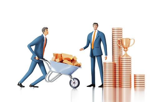 Business man watching this colleague pushing wheel barrow with golden ingots. Banking, investment, financial advisory concept 3D rendering illustration