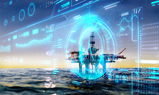 Offshore oil rig,  drilling rig, jack up rig, oil platform at the sea during sunset and neon growth hight charts shoving prices dynamics change. 3D rendering illustration