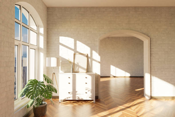 istock luxurious loft apartment with arched window and minimalistic interior living room design; 3D Illustration 1500922436