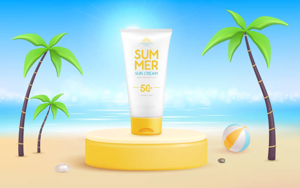 istock Summer beach background with 3d stage and  sunscreen cream. Colorful summer scene. Vector illustration 1500929836
