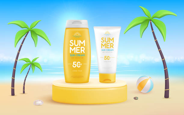 istock Summer beach background with 3d stage and  set of sunscreens. Colorful summer scene. Vector illustration 1500929870