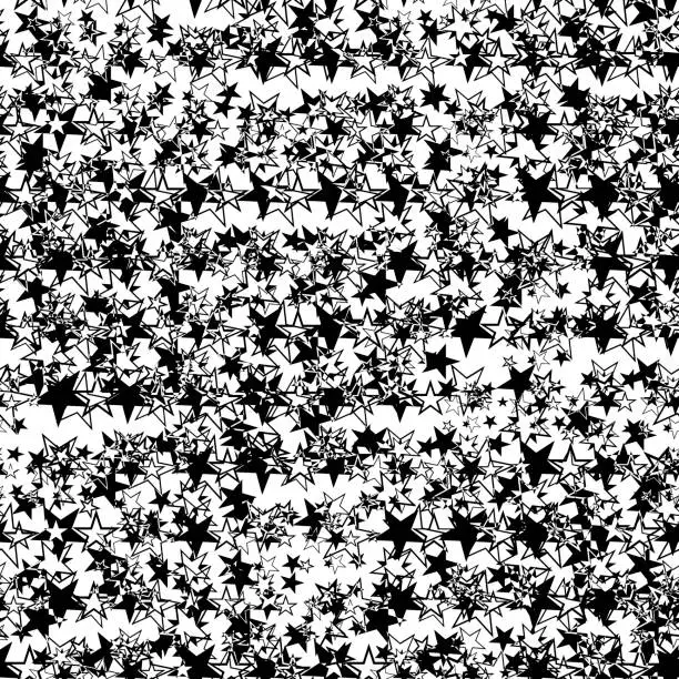 Vector illustration of Seamless pattern with grunge texture with black stars on white background.