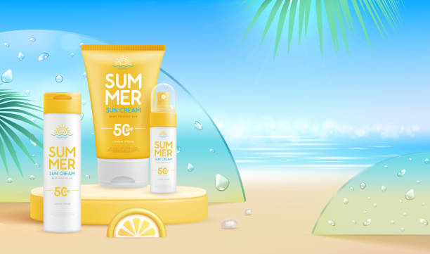 istock Summer beach background with 3d stage and set of sunscreen creams. Colorful summer scene. Vector illustration 1500930477
