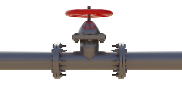 Industrial pipeline and valve with red wheel, isolated on a white background.