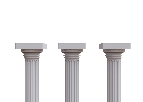 Three marble pillars columns ancient Greek isolated on white background