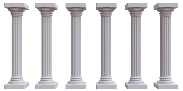 sechs säulensäulen dorischer ordnung aus marmor antikgriechisch isoliert auf weißem hintergrund, - römisch 6 stock-fotos und bilder