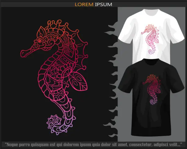 Vector illustration of Gradient Colorful seahorse mandala arts isolated on black and white t shirt.