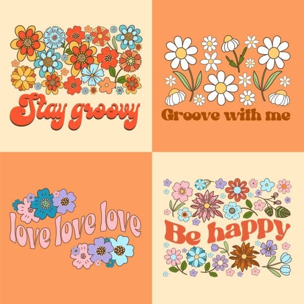 zestaw wektorowy z groovy kompozycjami w stylu retro, ilustracjami wektorowymi - wildflower set poppy daisy stock illustrations