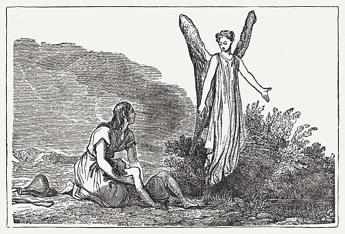 God helps Hagar and Ishmael in the desert (Genesis 21). Wood engraving, published in 1835.