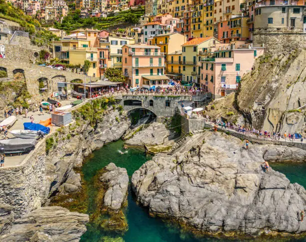 An aerial view of the promenade and bathing area in Manarola, Cinque Terre, Italy.