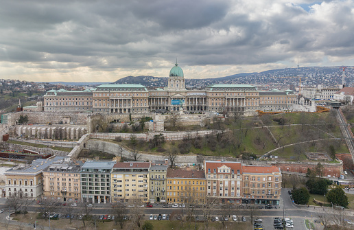 Budapest, Hungary - February 12, 2023: Buda Castle in Budapest, Hungary. Palatial venue for the Hungarian National Gallery displays from Gothic altars to sculpture.