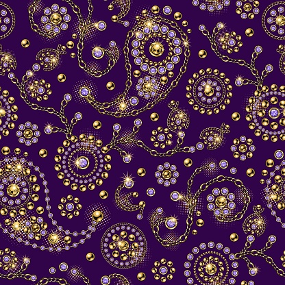 Seamless jewelry pattern with paisley ornament, elements made of chains with swirls in vintage style. Purple background. Vector illustration Good for clothing, apparel, fabric, textile, surface design